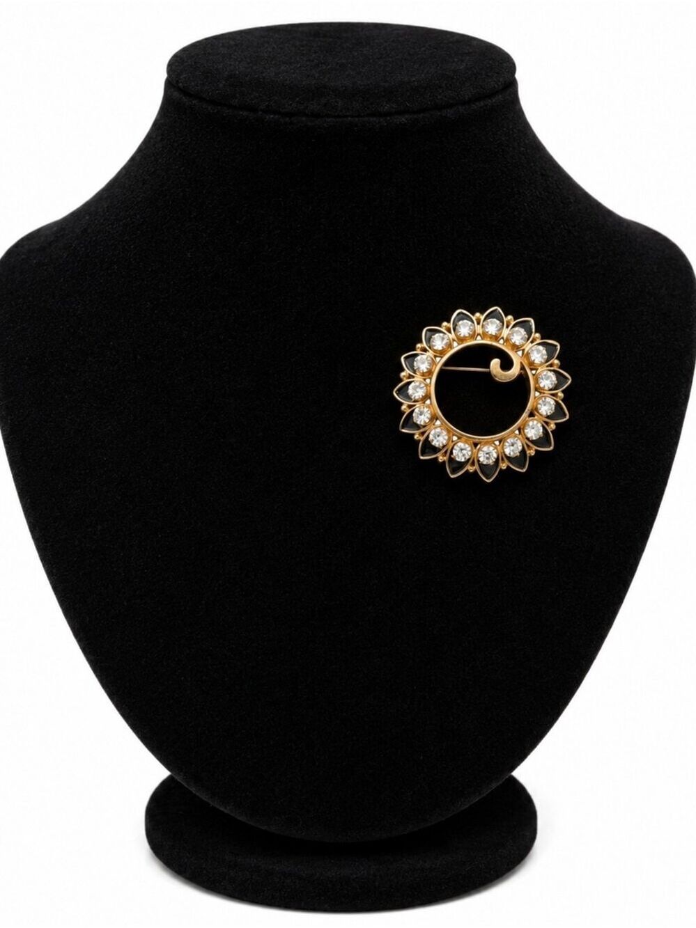 Vintage Gold Tone Black Enamel Rhinestone Circle Brooch Pin